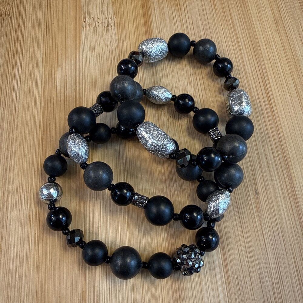 BLACK AND SILVER BEAD ELASTIC BANGLES SET OF THREE UNBRANDED